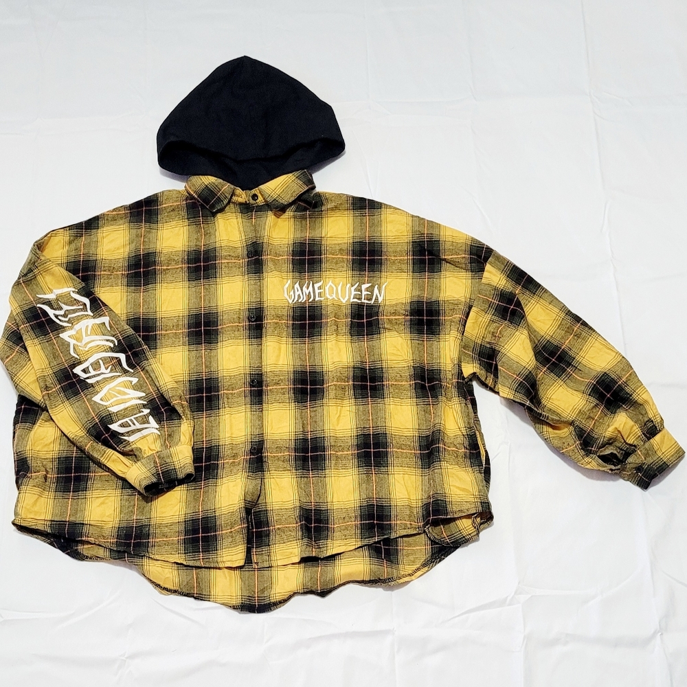 Game Queen 3/4 Sleeve Plaids Hoodie Button-down Blouse Collar Cropped  Tops XXL
